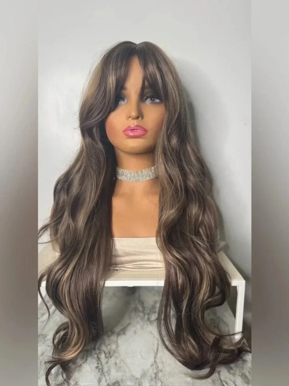 Long Brown Balayage Wig Curtain Bangs 26” Wavy Brown Highlighted Caramel Blonde